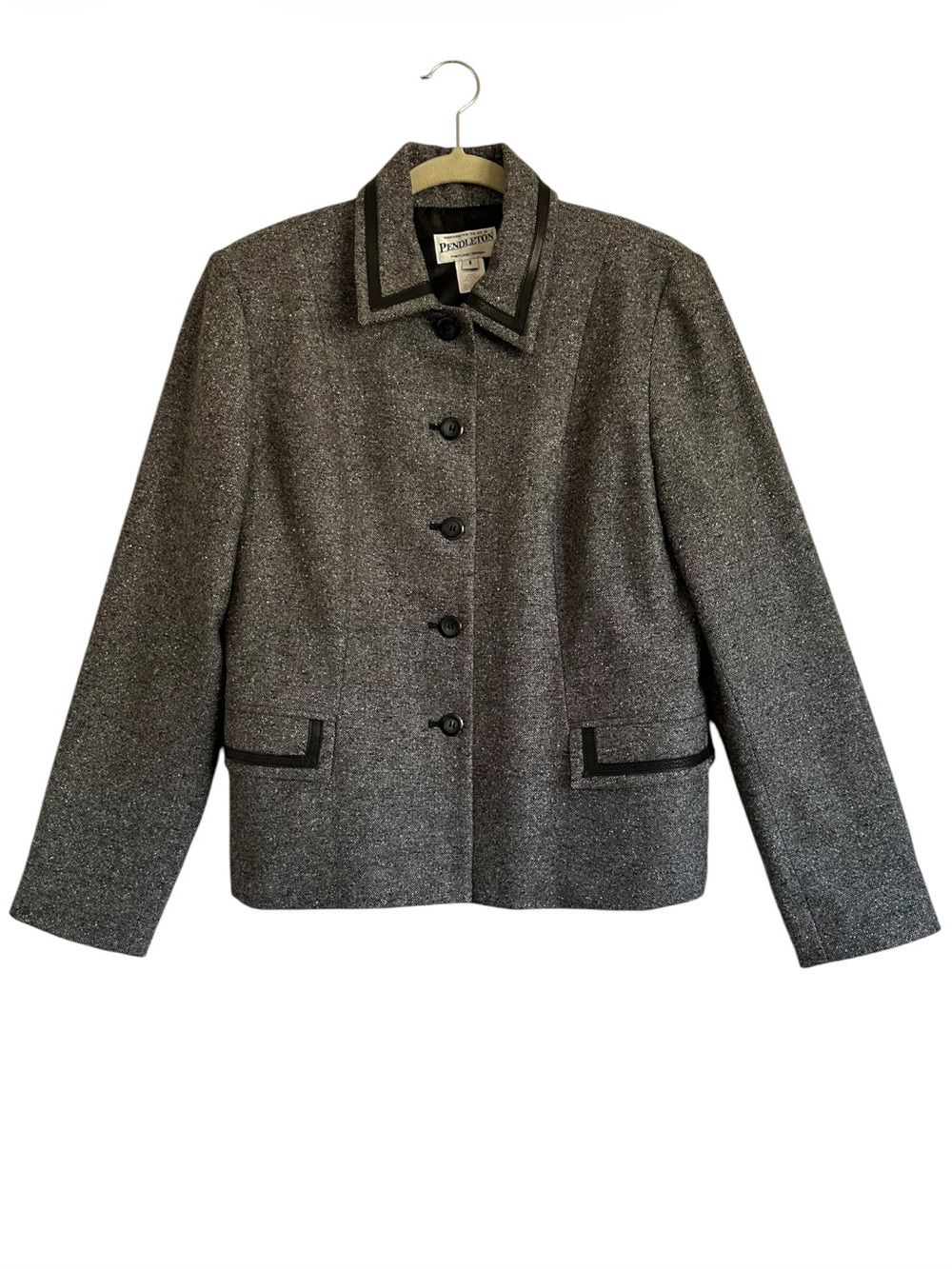 Pendleton Wool Silk Leather Trim Blazer Jacket Size 8 Black White Tweed - Picture 2 of 15